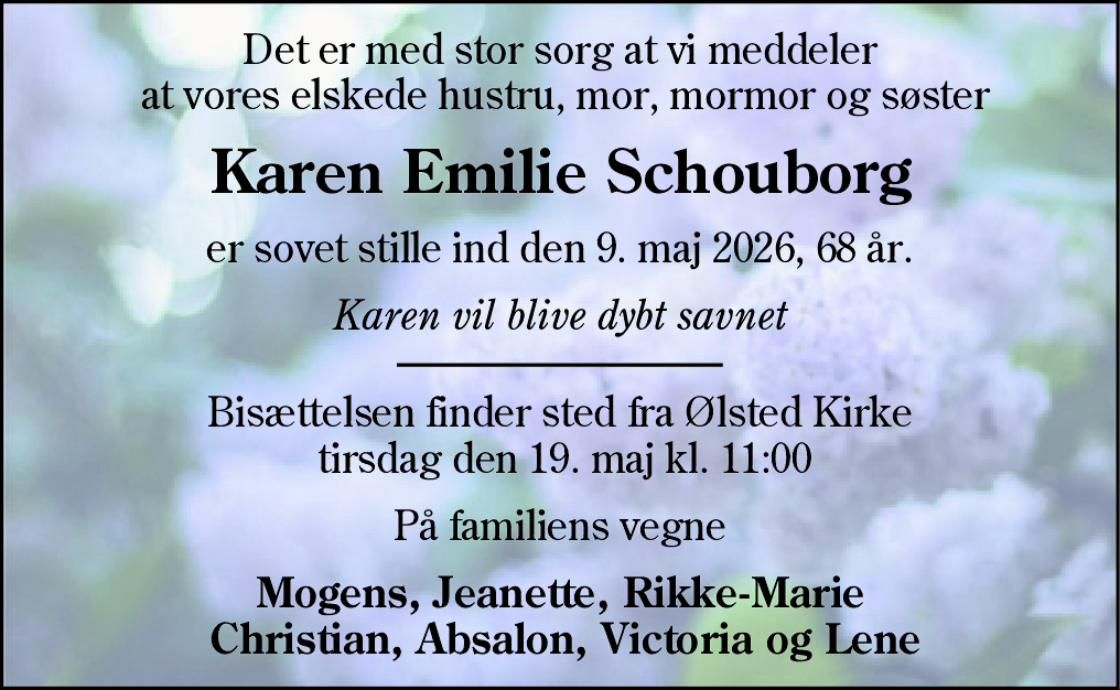 Dødsannonce for Karen Emilie Schouborg