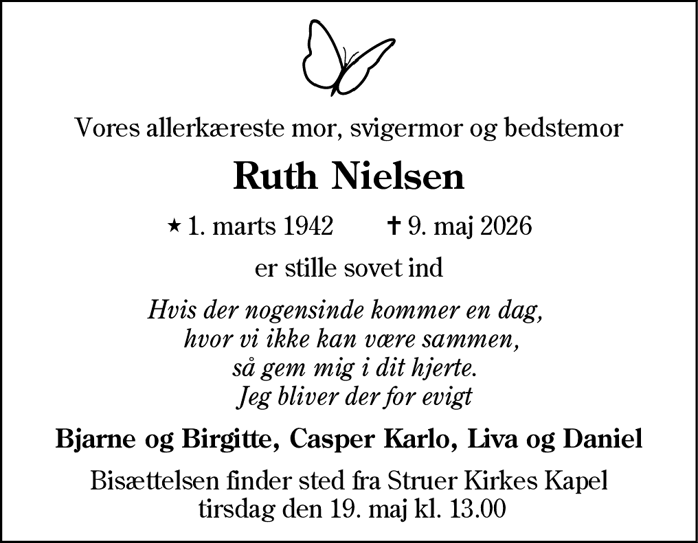 Dødsannonce for Ruth Nielsen