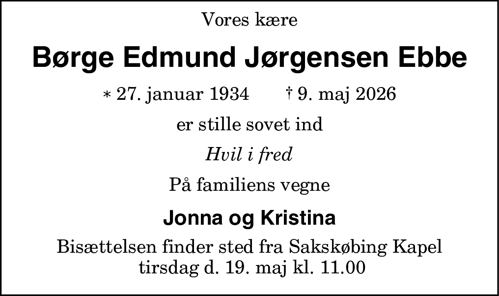 Dødsannonce for Børge Edmund Jørgensen Ebbe