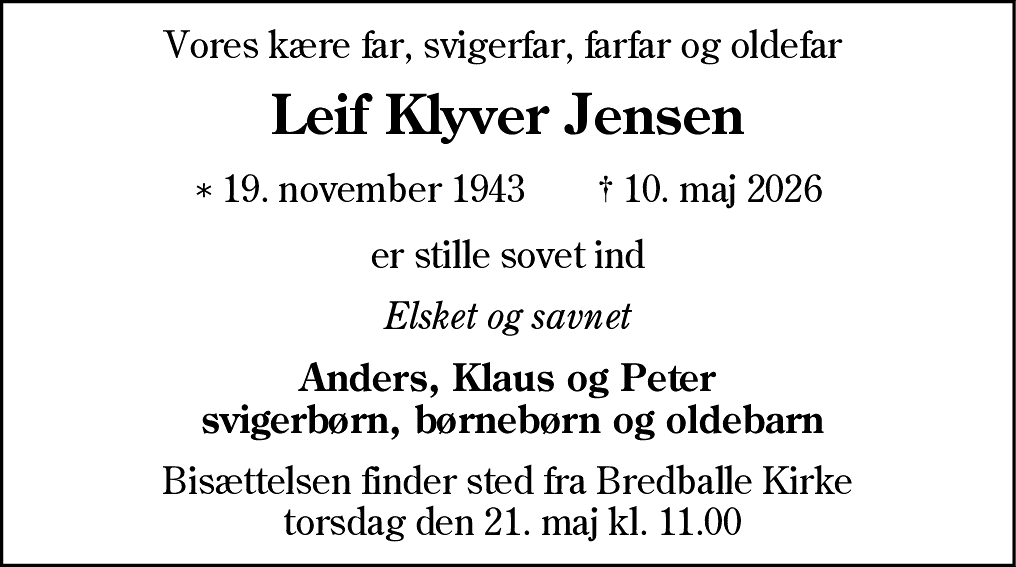 Dødsannonce for Leif Klyver Jensen