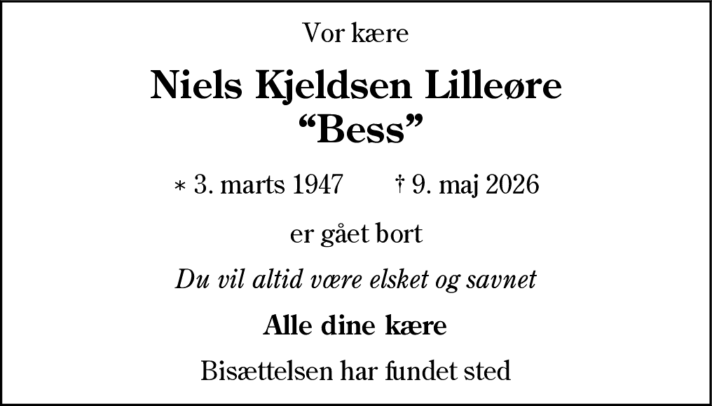 Dødsannonce for Niels Kjeldsen Lilleøre