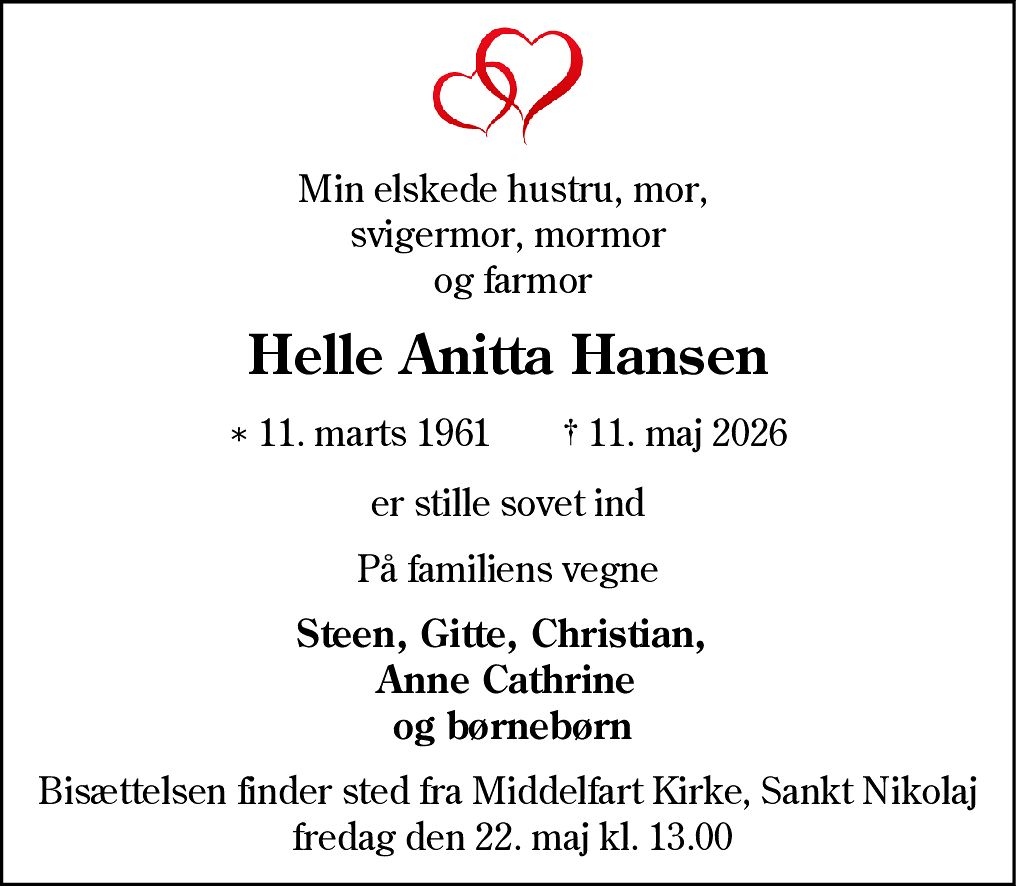 Dødsannonce for Helle Anitta Hansen