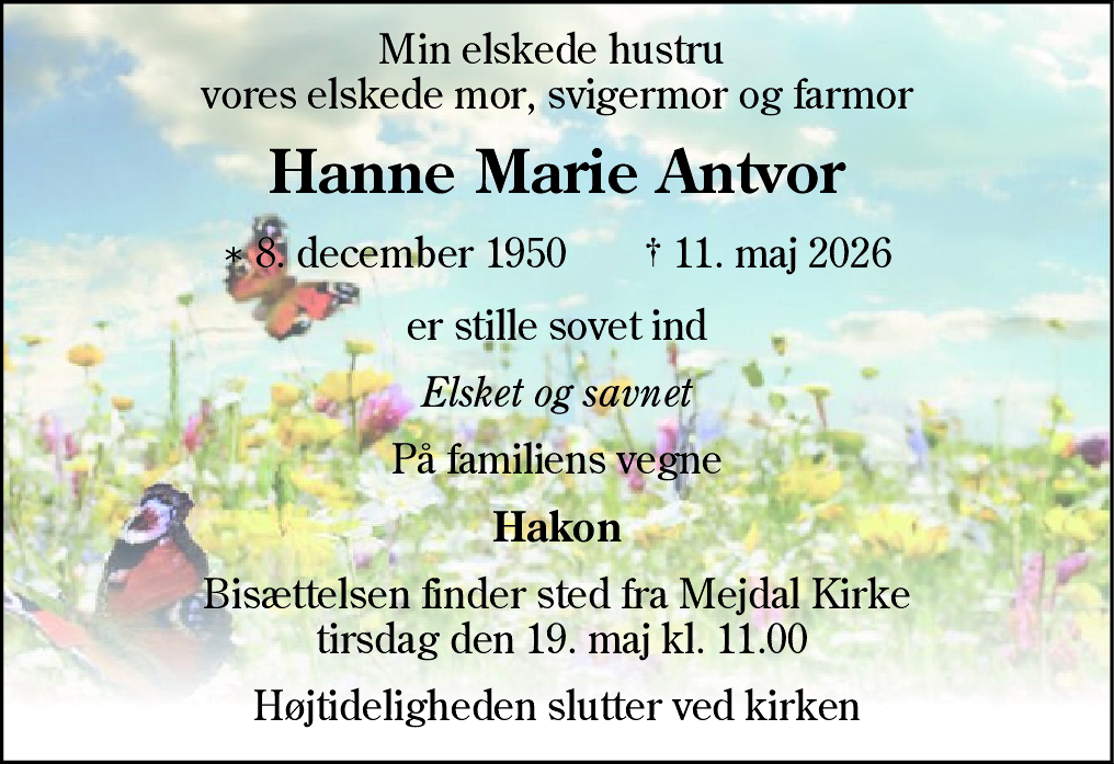 Dødsannonce for Hanne Marie Antvor