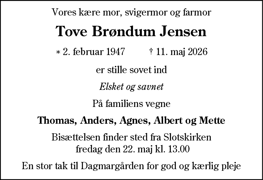 Dødsannonce for Tove Brøndum Jensen