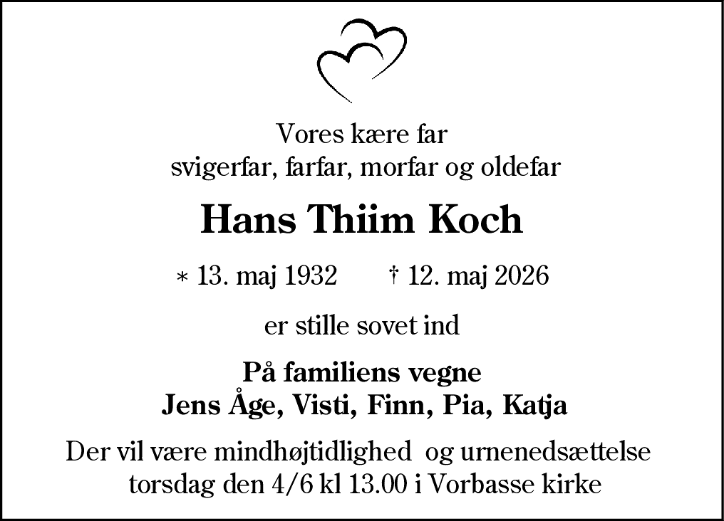Dødsannonce for Hans Thiim Koch