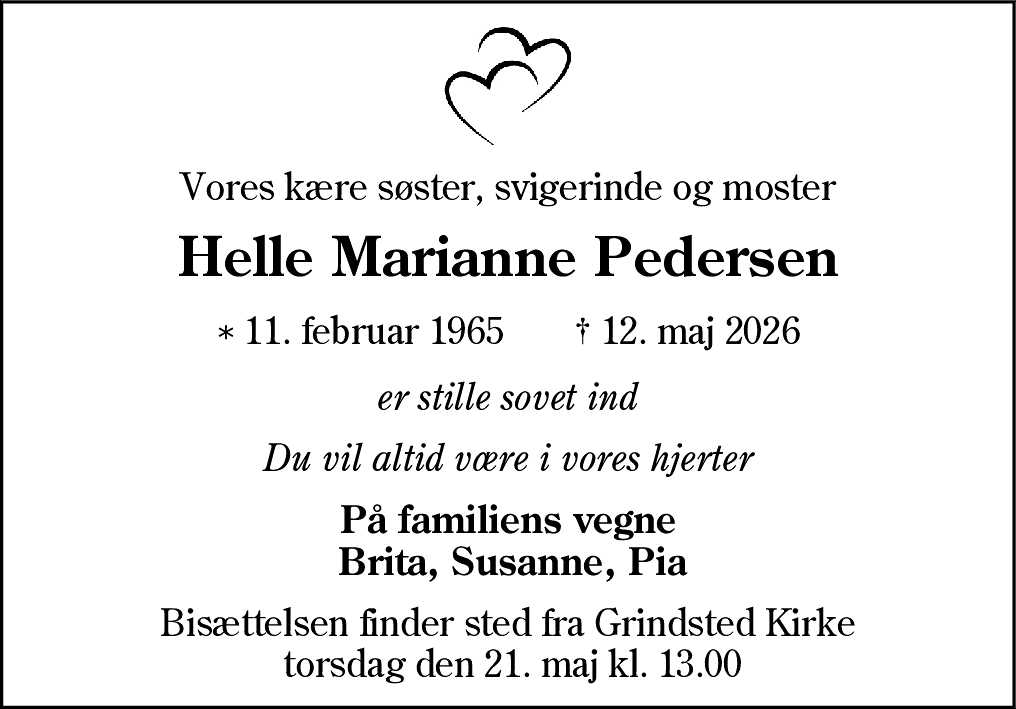 Dødsannonce for Helle Marianne Pedersen