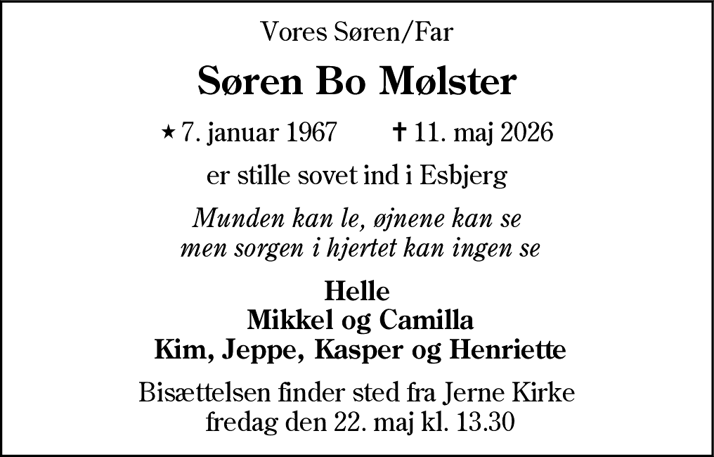 Dødsannonce for Søren Bo Mølster