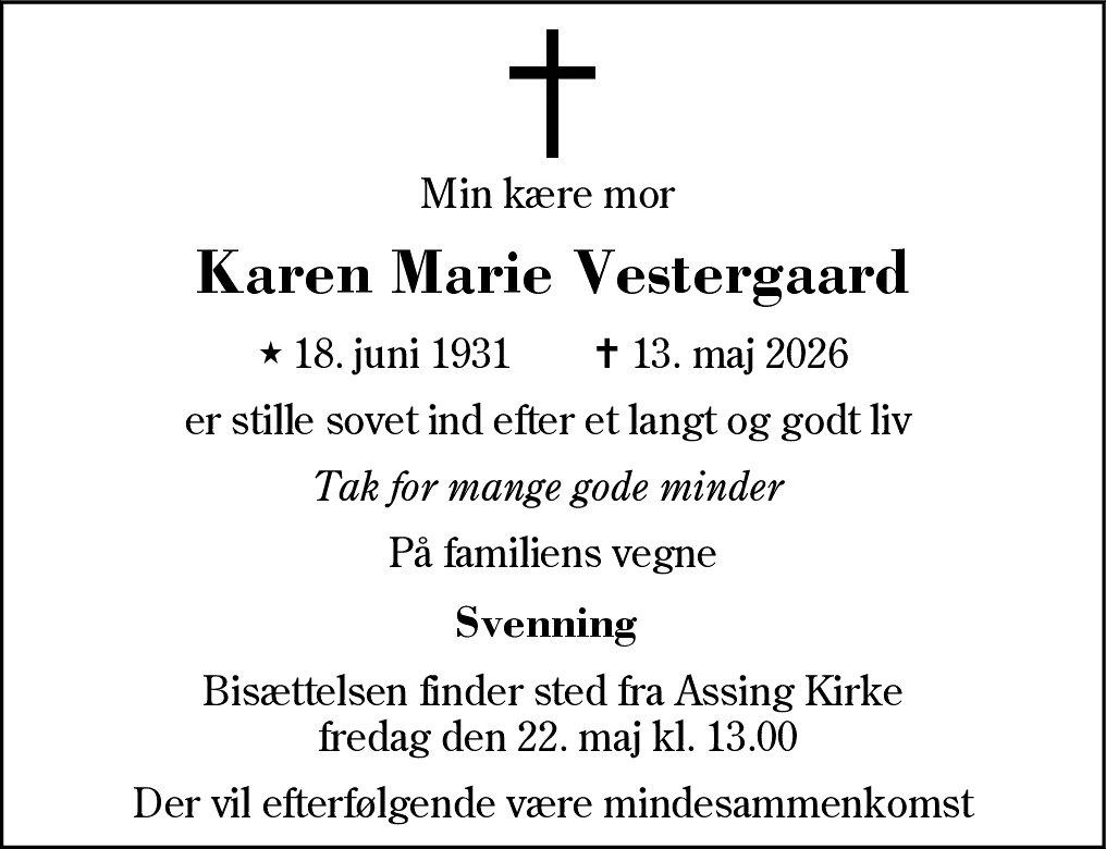 Dødsannonce for Karen Marie Vestergaard