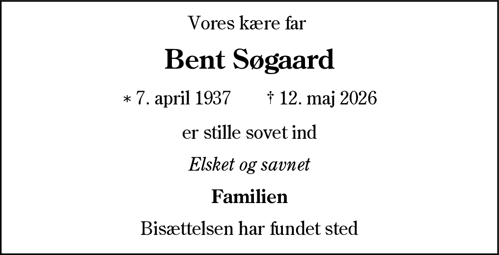 Dødsannonce for Bent Søgaard