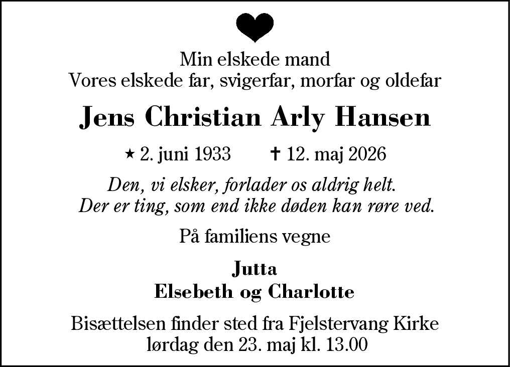 Dødsannonce for Jens Christian Arly Hansen