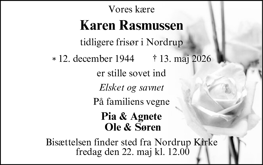 Dødsannonce for Karen Rasmussen