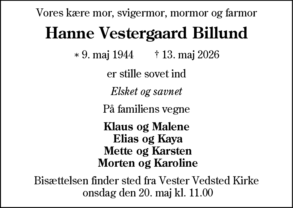 Dødsannonce for Hanne Vestergaard Billund