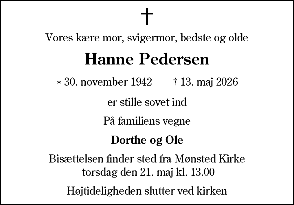 Dødsannonce for Hanne Margrethe Pedersen