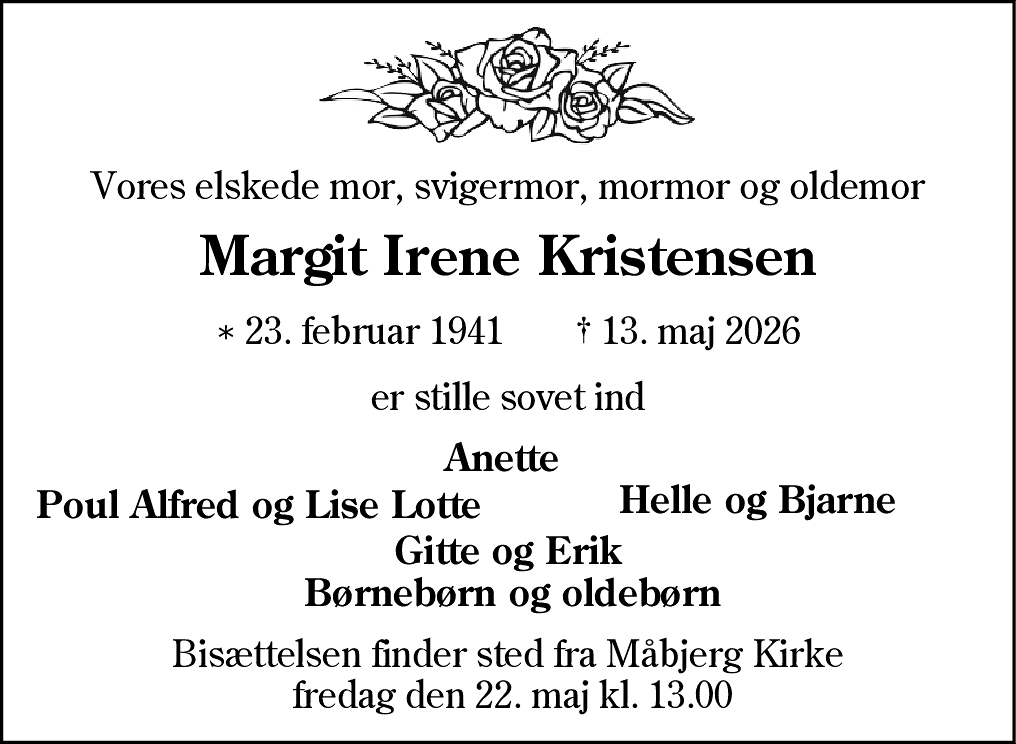 Dødsannonce for Margit Irene Kristensen