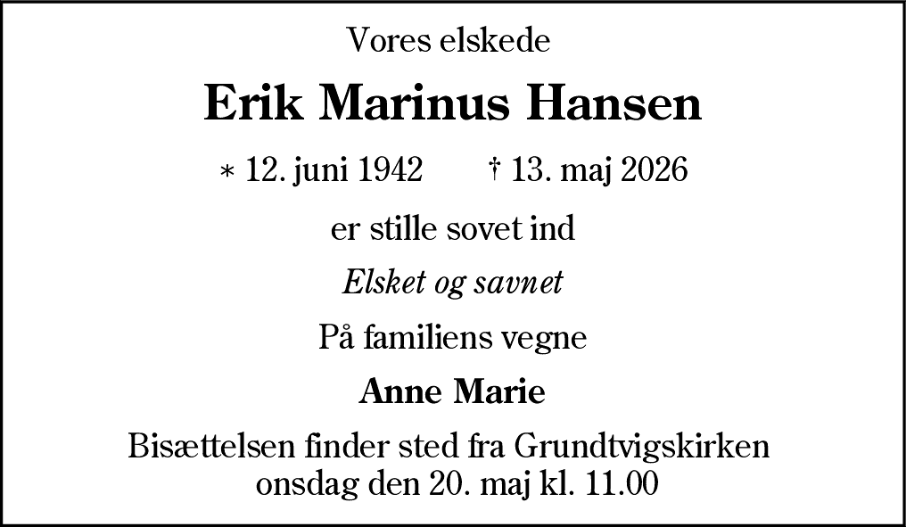 Dødsannonce for Erik Marinus Hansen
