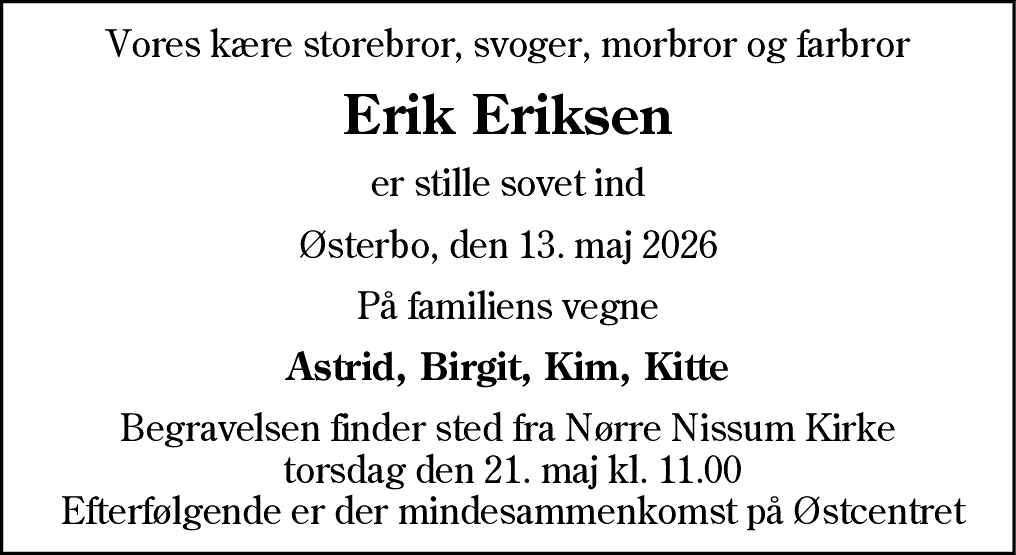 Dødsannonce for Erik Eriksen