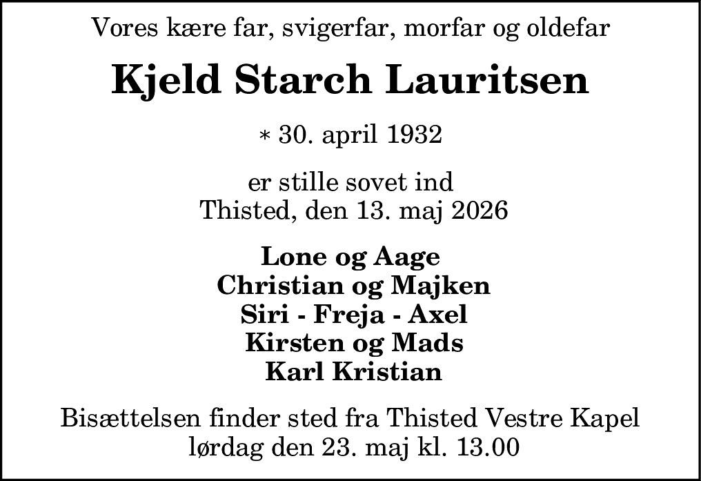 Dødsannonce for Kjeld Starch Lauritsen