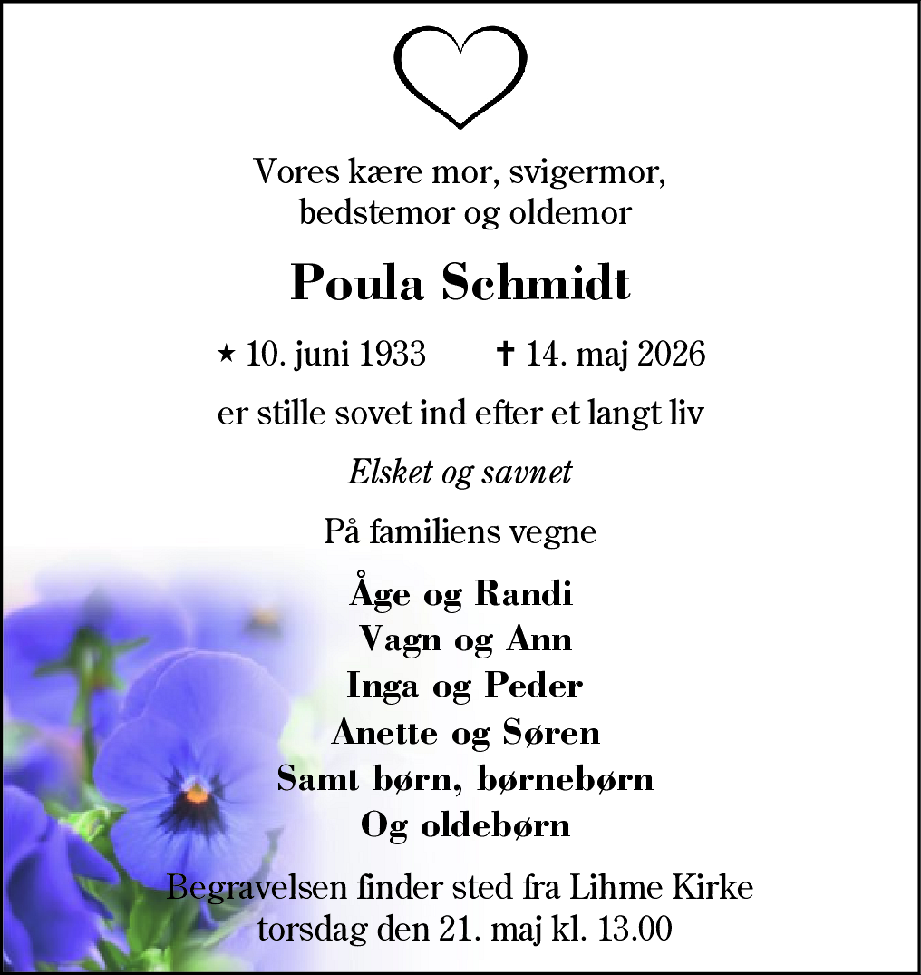 Dødsannonce for Poula Schmidt