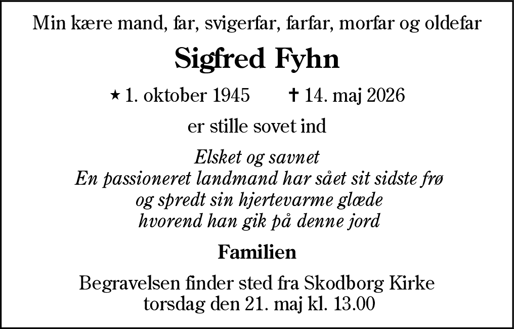 Dødsannonce for Sigfred Fyhn
