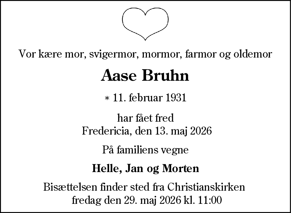 Dødsannonce for Aase Bruhn
