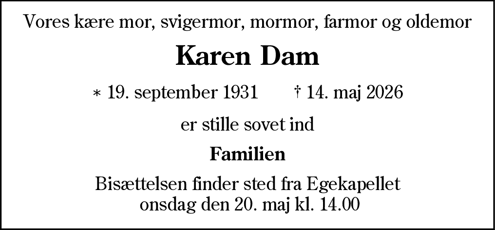 Dødsannonce for Karen Dam