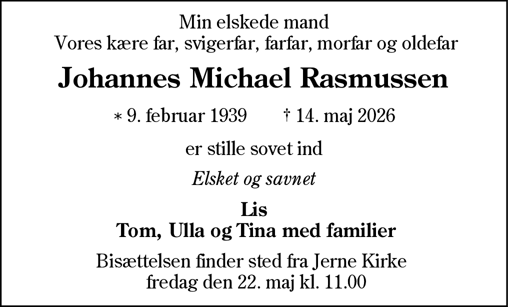 Dødsannonce for Johannes Michael Rasmussen