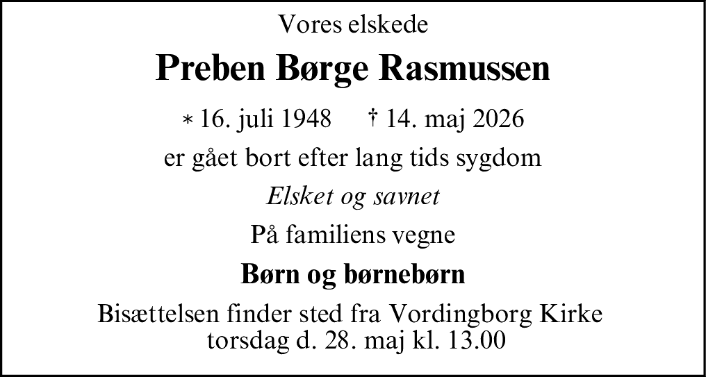 Dødsannonce for Preben Børge Rasmussen