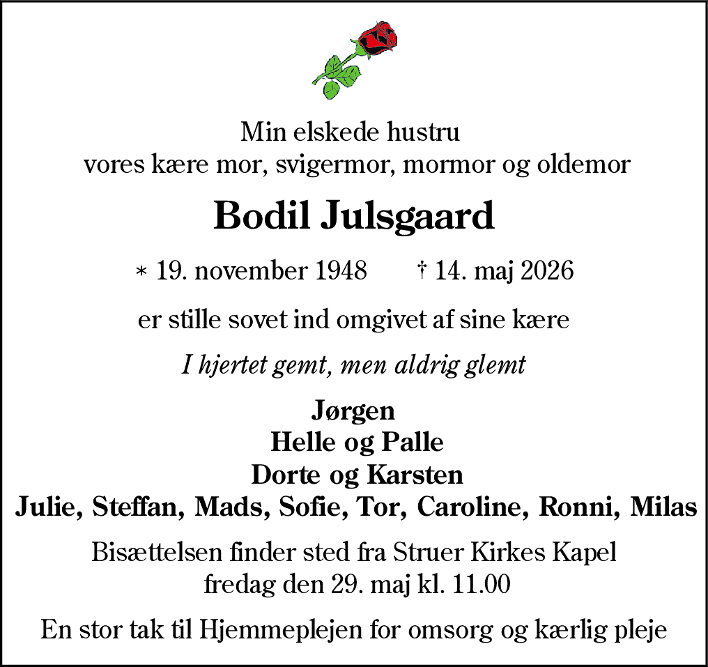 Dødsannonce for Bodil Julsgaard