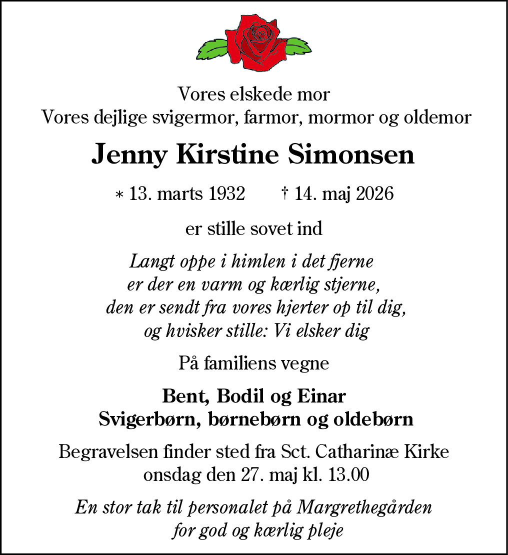 Dødsannonce for Jenny Kirstine Simonsen