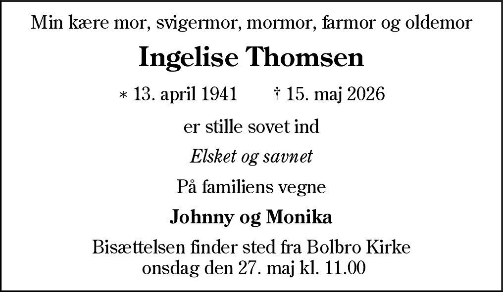 Dødsannonce for Ingelise Thomsen