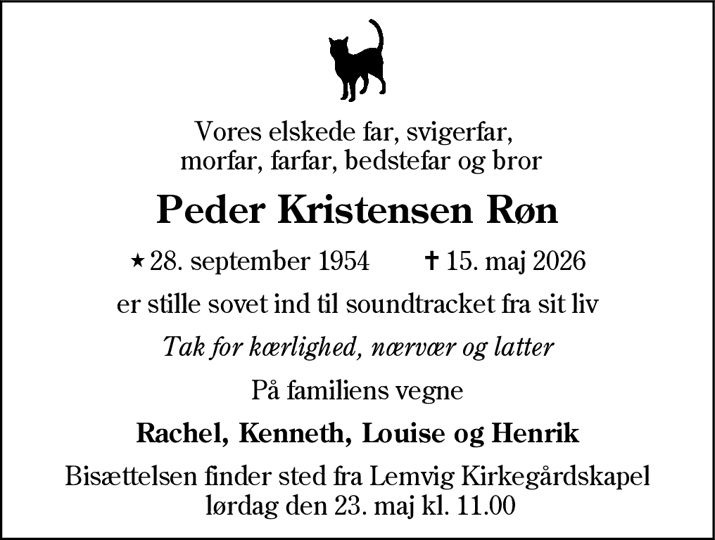 Dødsannonce for Peder Kristensen Røn