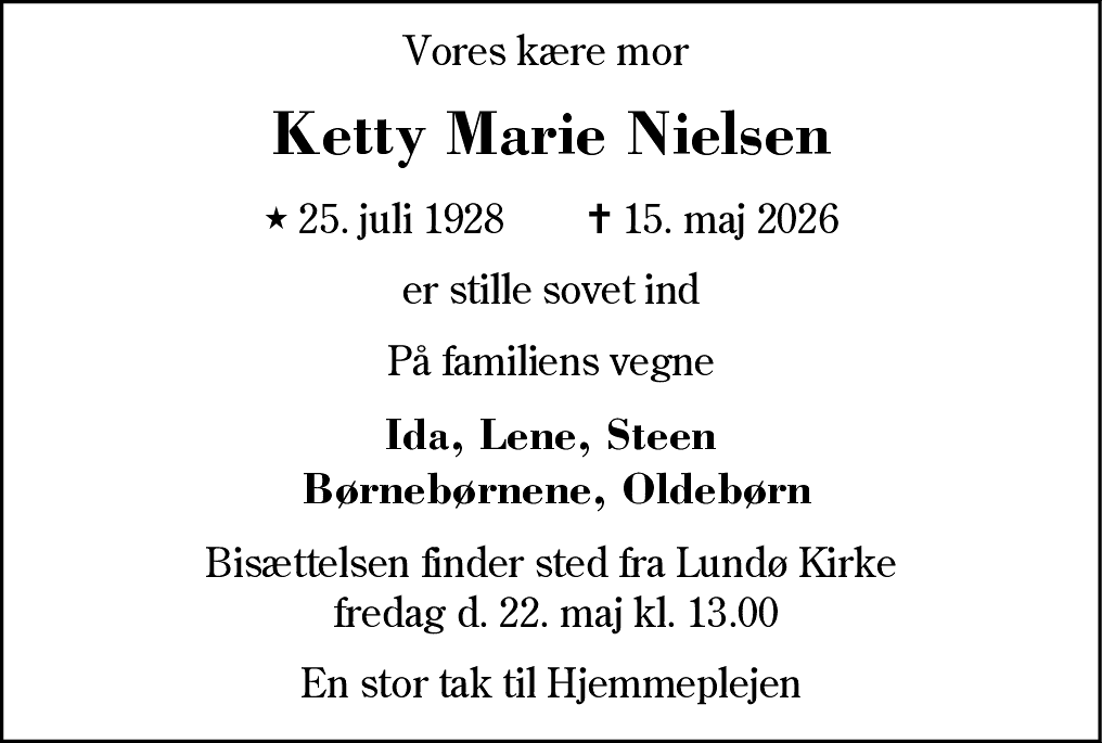 Dødsannonce for Ketty Marie Nielsen