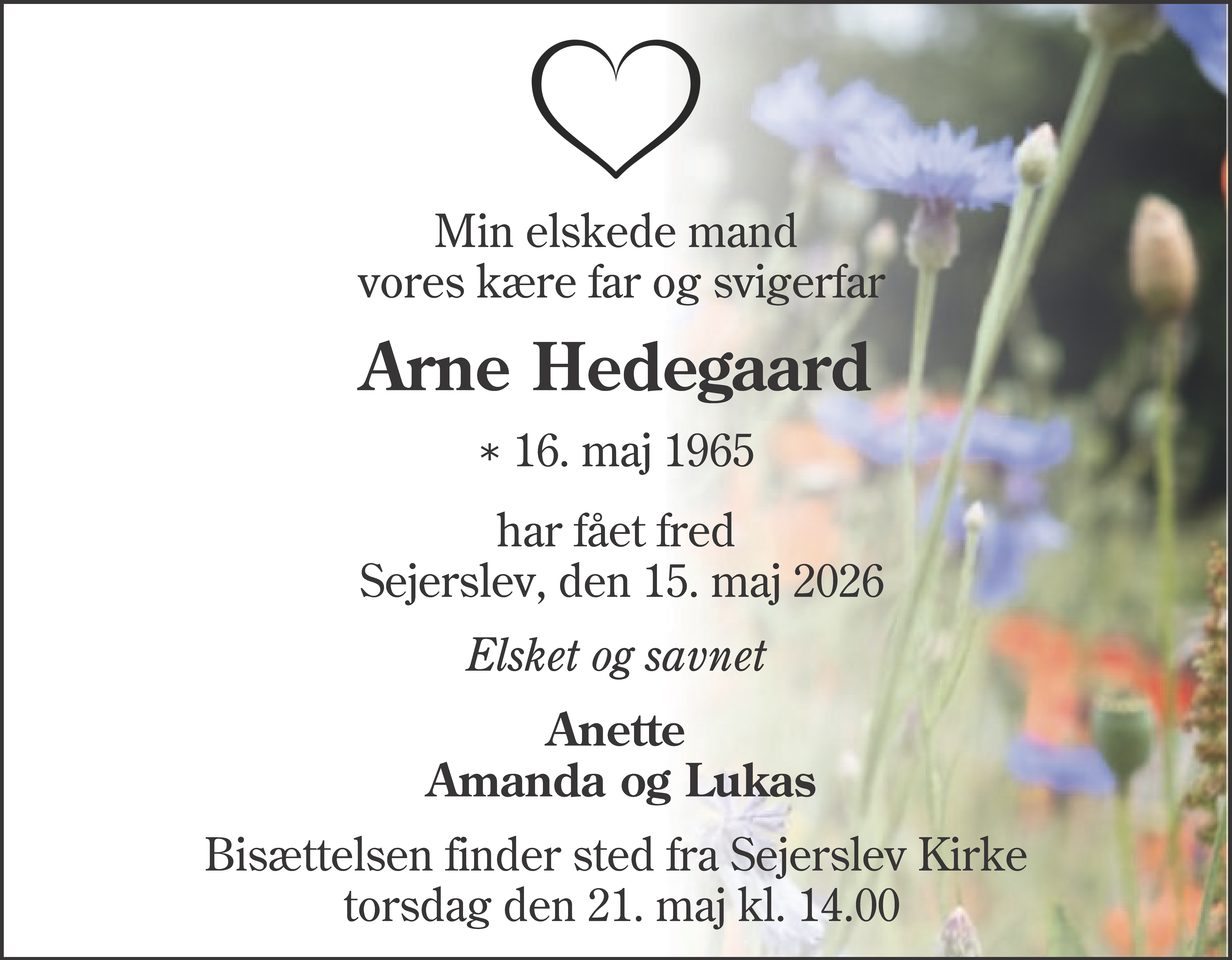 Dødsannonce for Arne Hedegaard