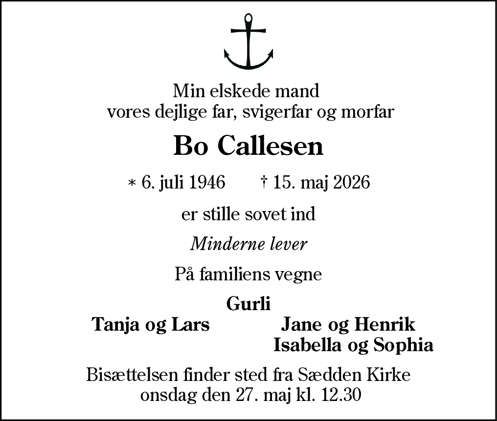 Dødsannonce for Bo Callesen