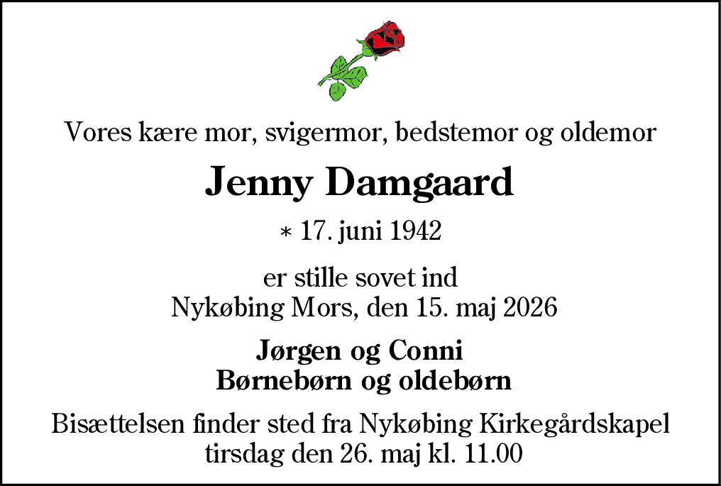 Dødsannonce for Jenny Damgaard