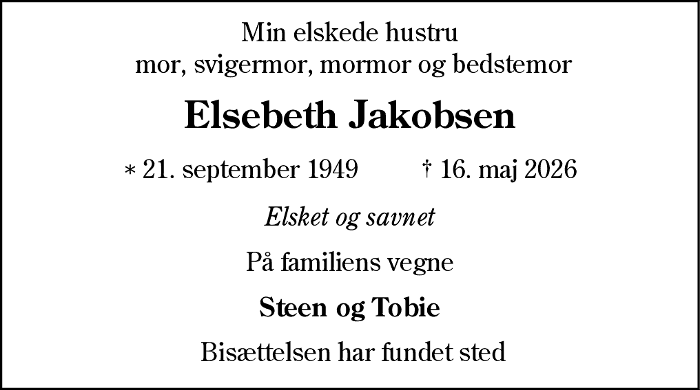 Dødsannonce for Elsebeth Jakobsen