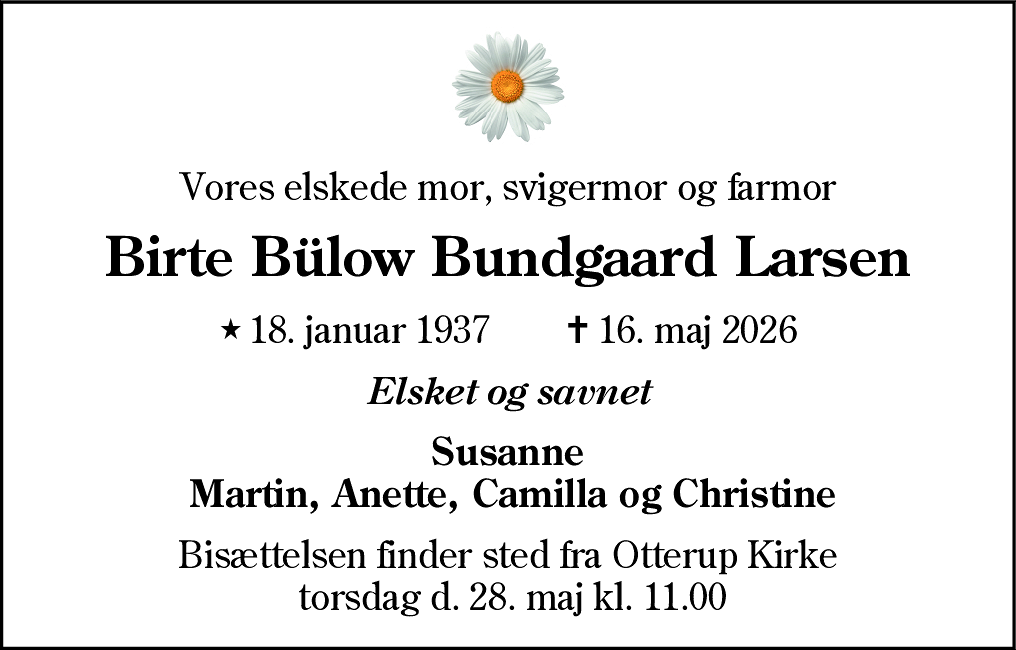 Dødsannonce for Birte Bülow Bundgaard Larsen