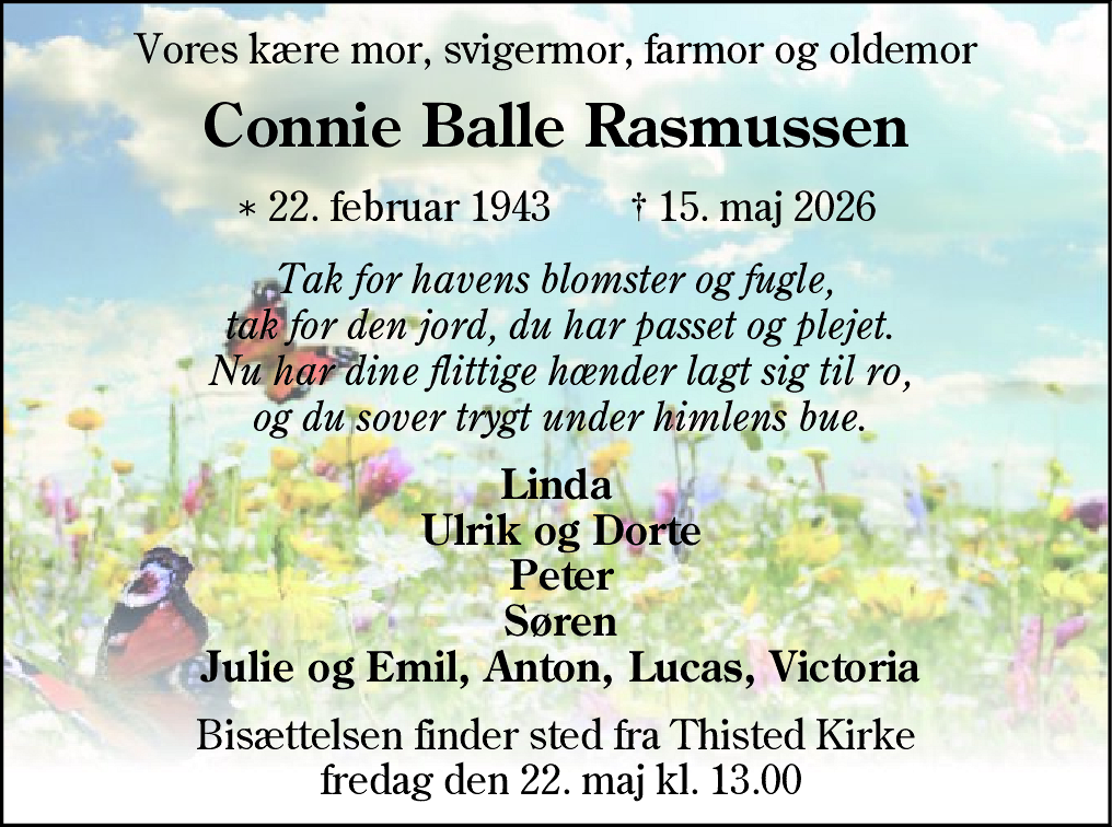 Dødsannonce for Connie Balle Rasmussen