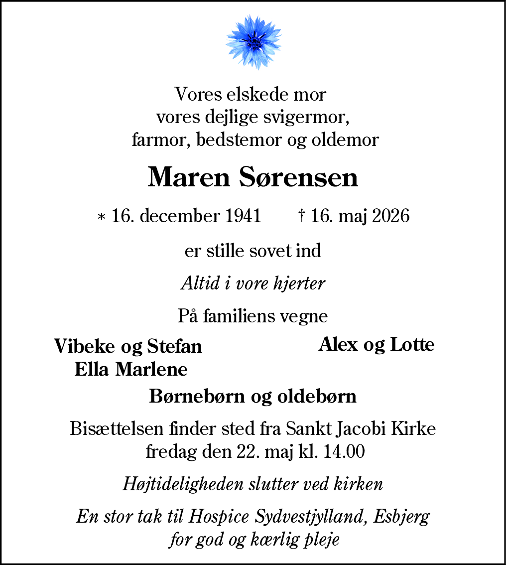 Dødsannonce for Maren Sørensen