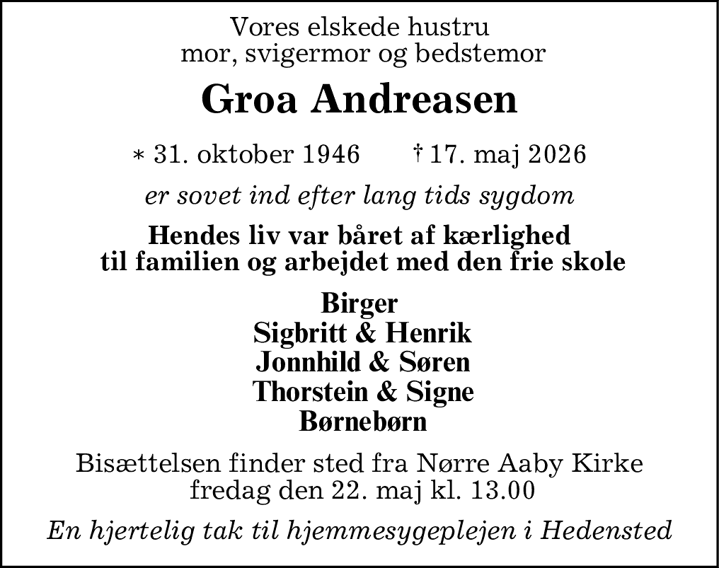 Dødsannonce for Groa Andreasen