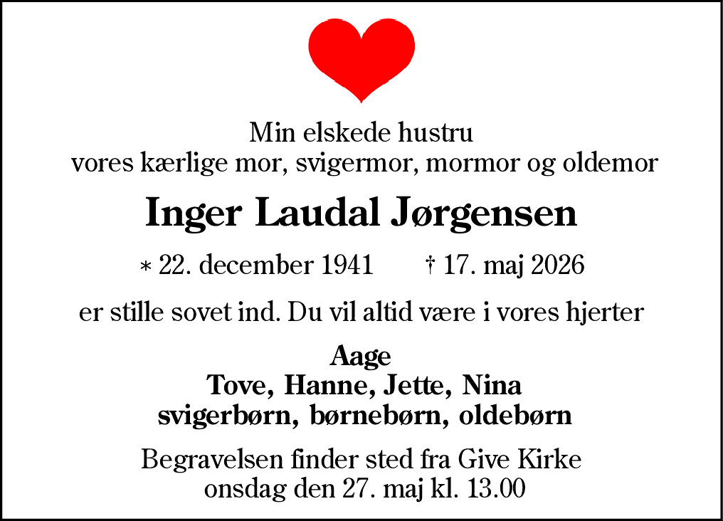 Dødsannonce for Inger Laudal Jørgensen