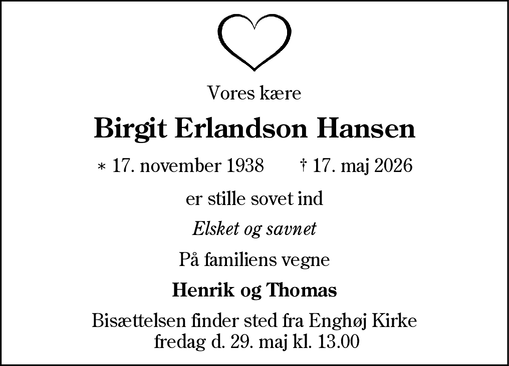 Dødsannonce for Birgit Erlandson Hansen