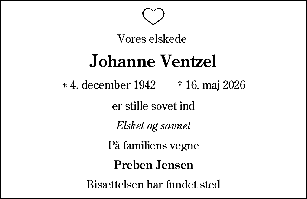 Dødsannonce for Johanne Kirstine Hjerrild Ventzel