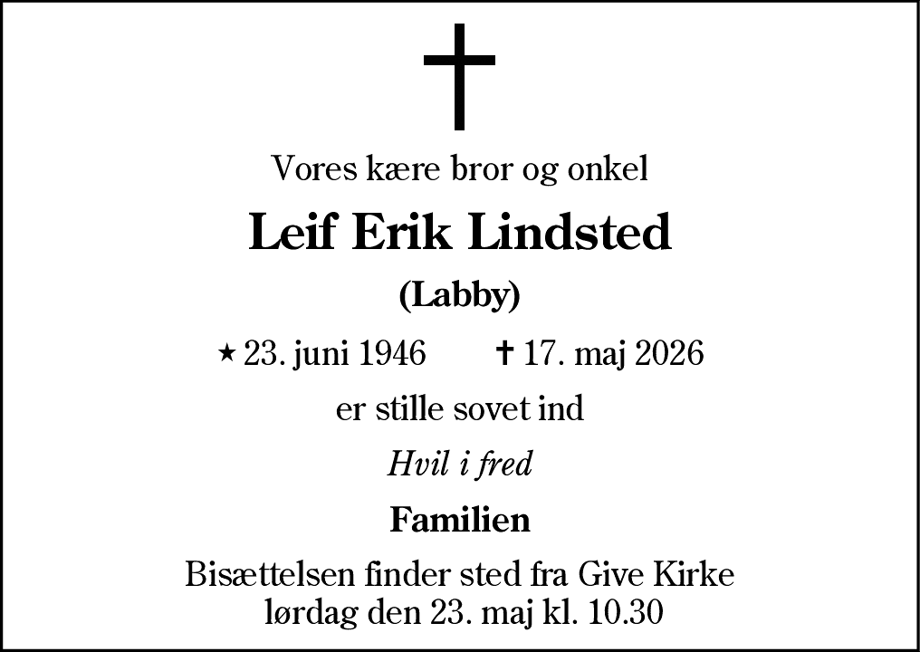 Dødsannonce for Leif Erik Lindsted