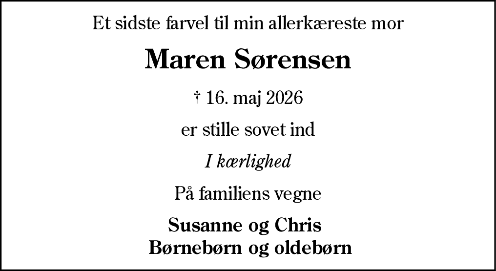 Dødsannonce for Maren Sørensen