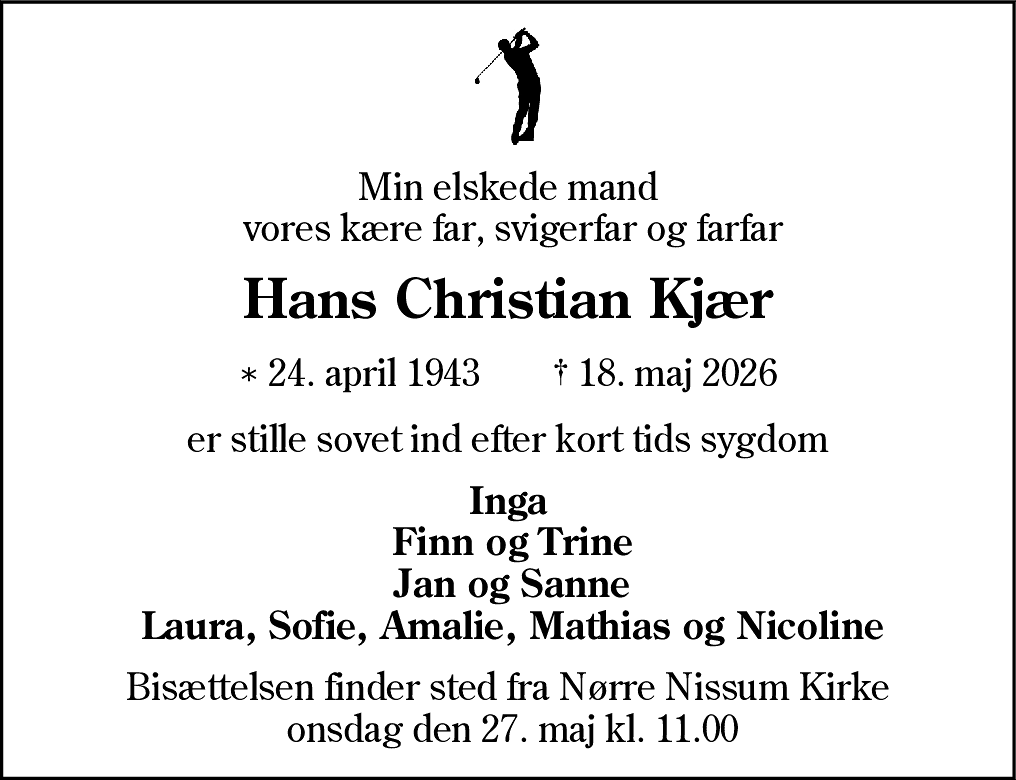 Dødsannonce for Hans Christian Kjær