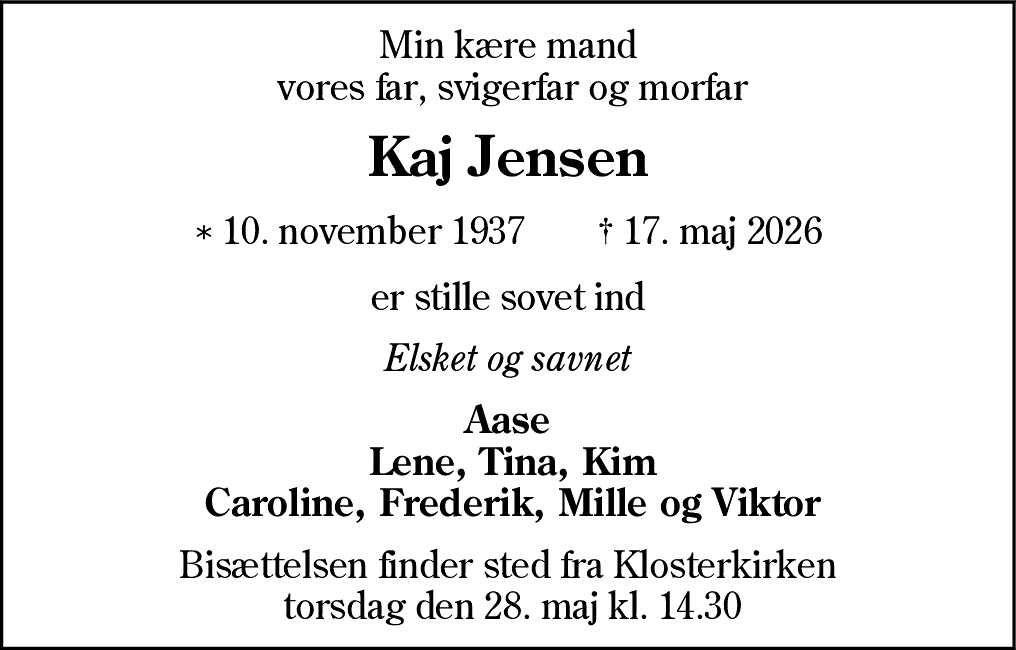 Dødsannonce for Kaj Jensen