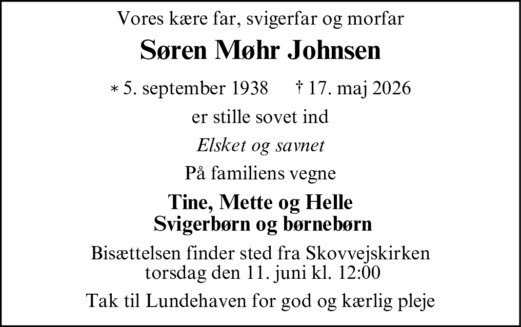 Dødsannonce for Søren Møhr Johnsen