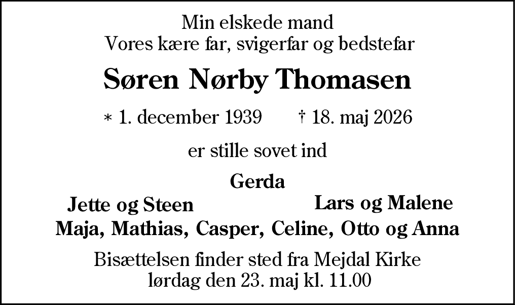Dødsannonce for Søren Nørby Thomasen