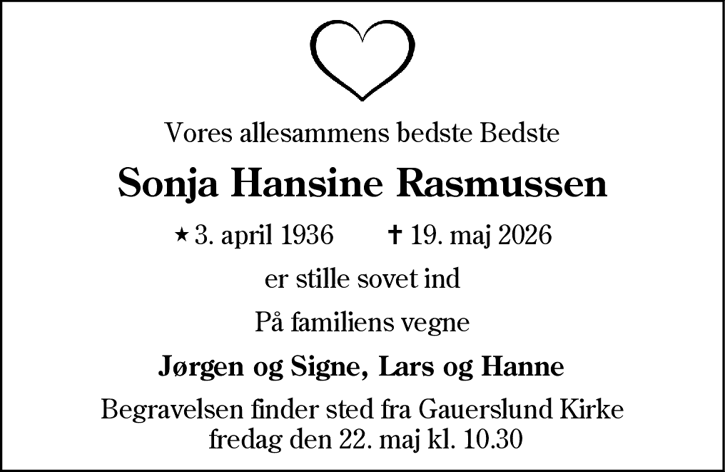 Dødsannonce for Sonja Hansine Rasmussen